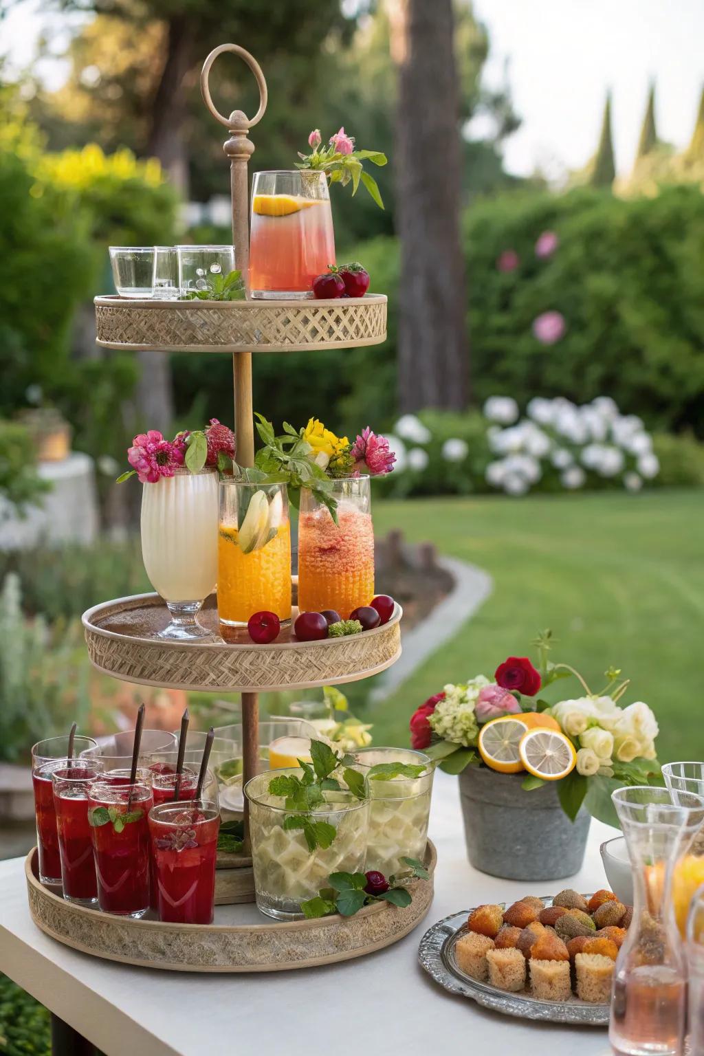 A tiered display support gracefully organizes beverages and garnishes.