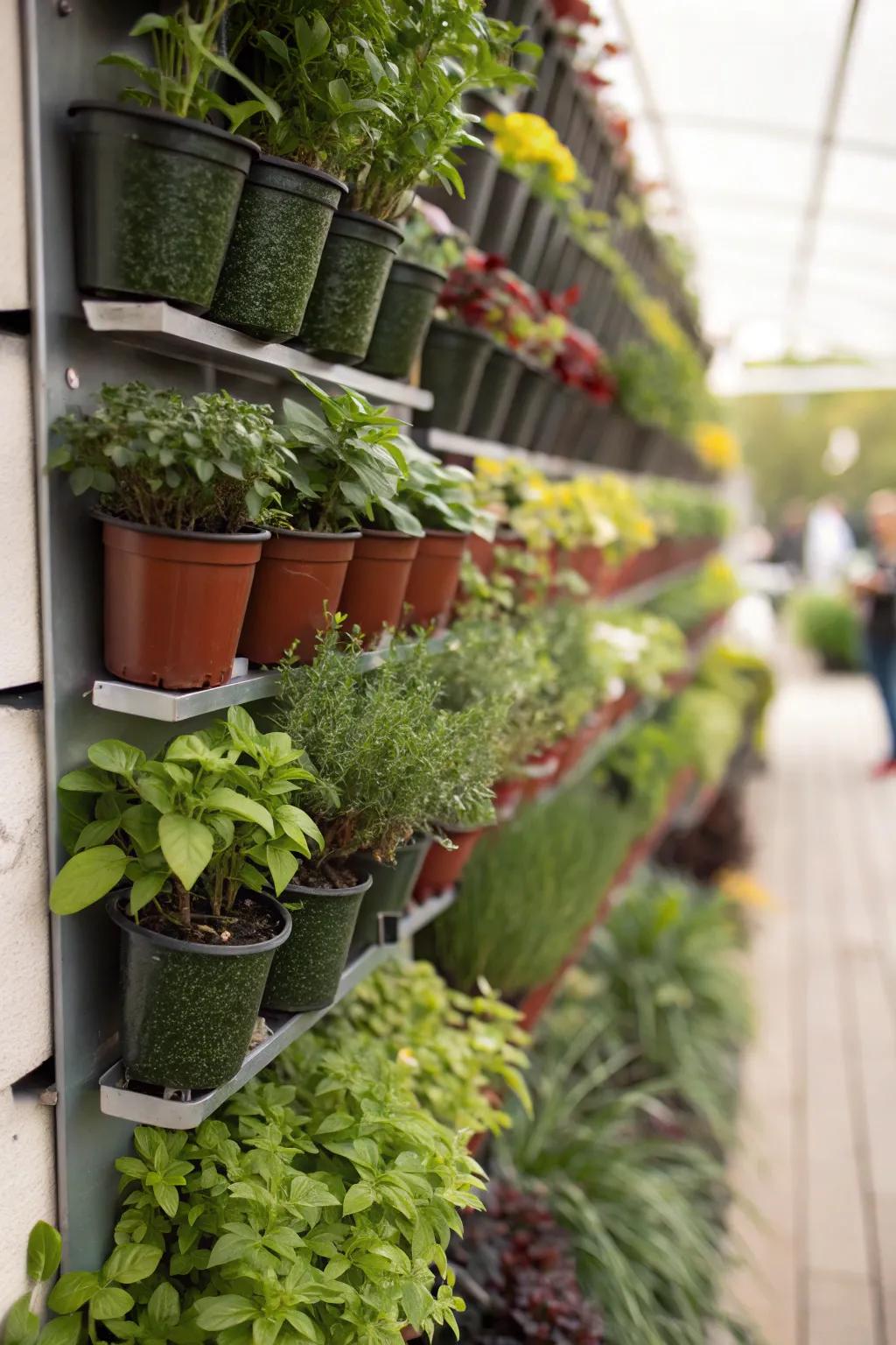 Vertical garden walls provide a space-saving and lush plant display.