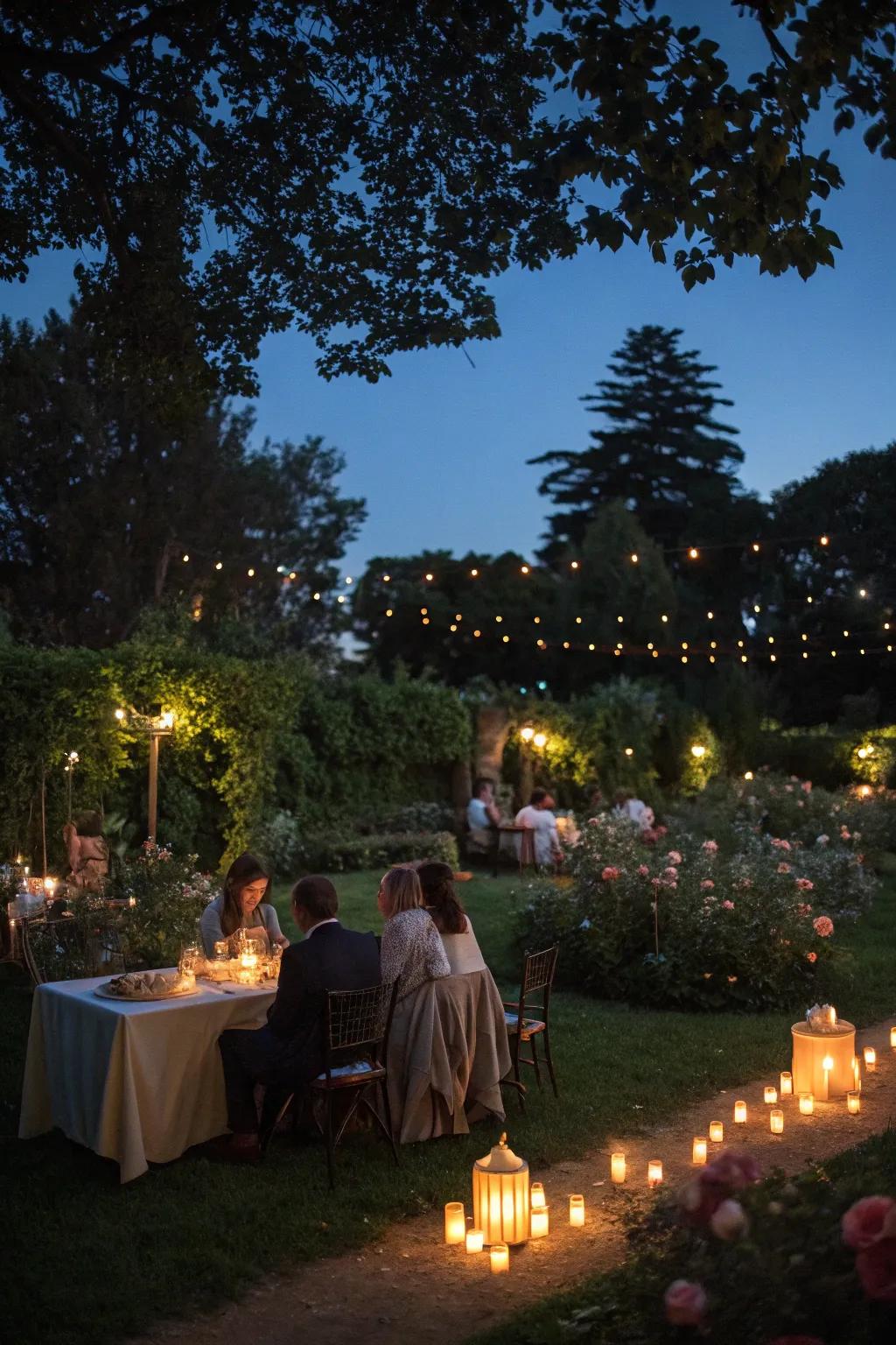 Candlelit tables create an elegant evening ambiance.