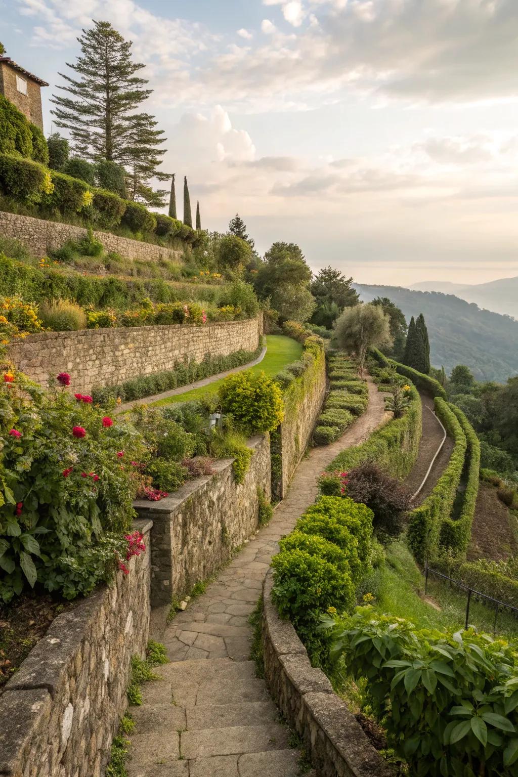 Retaining walls stabilize slopes while improving garden aesthetics.