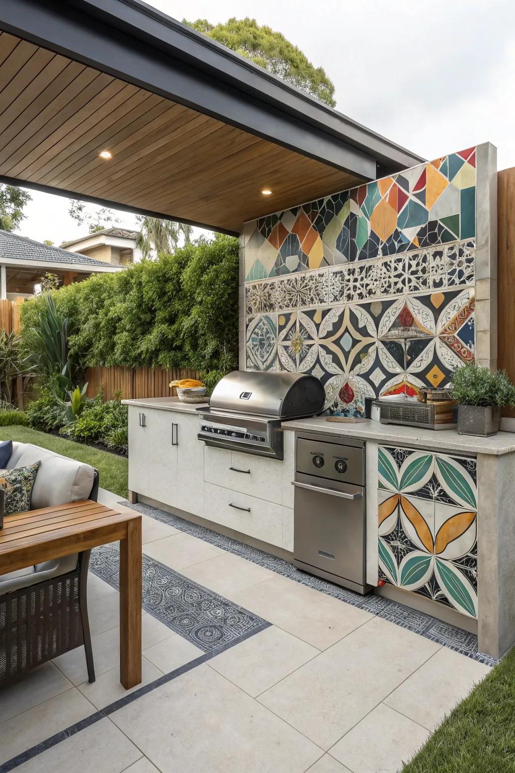 Geometric tiles offer a modern and artistic accent to outdoor cooking designs.