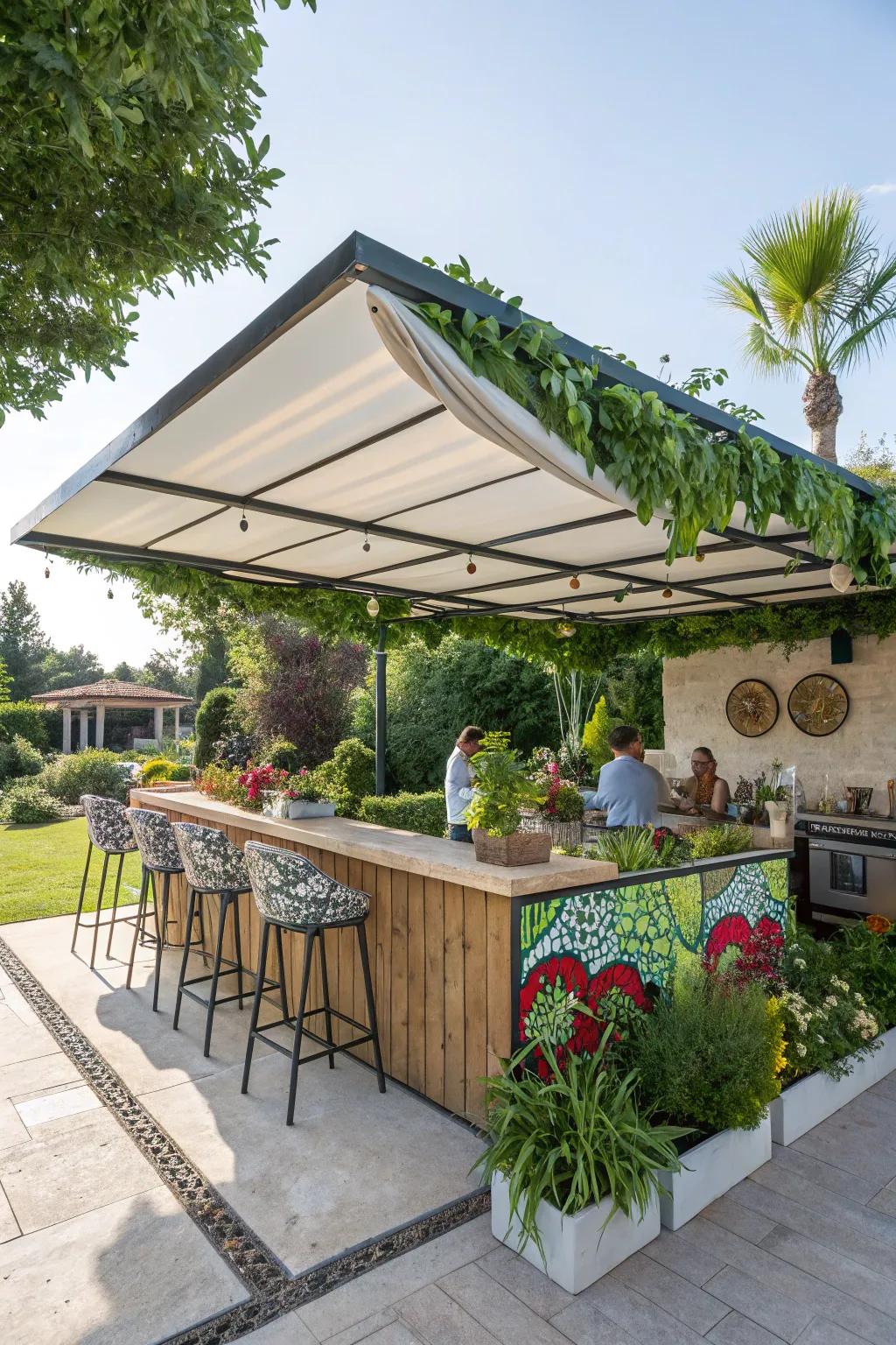An outdoor kitchen counter with a retractable shade solution for adjustable shade.