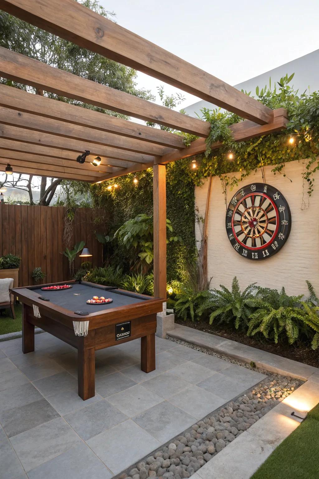 An outdoor game zone adds a playful touch to your man cave.