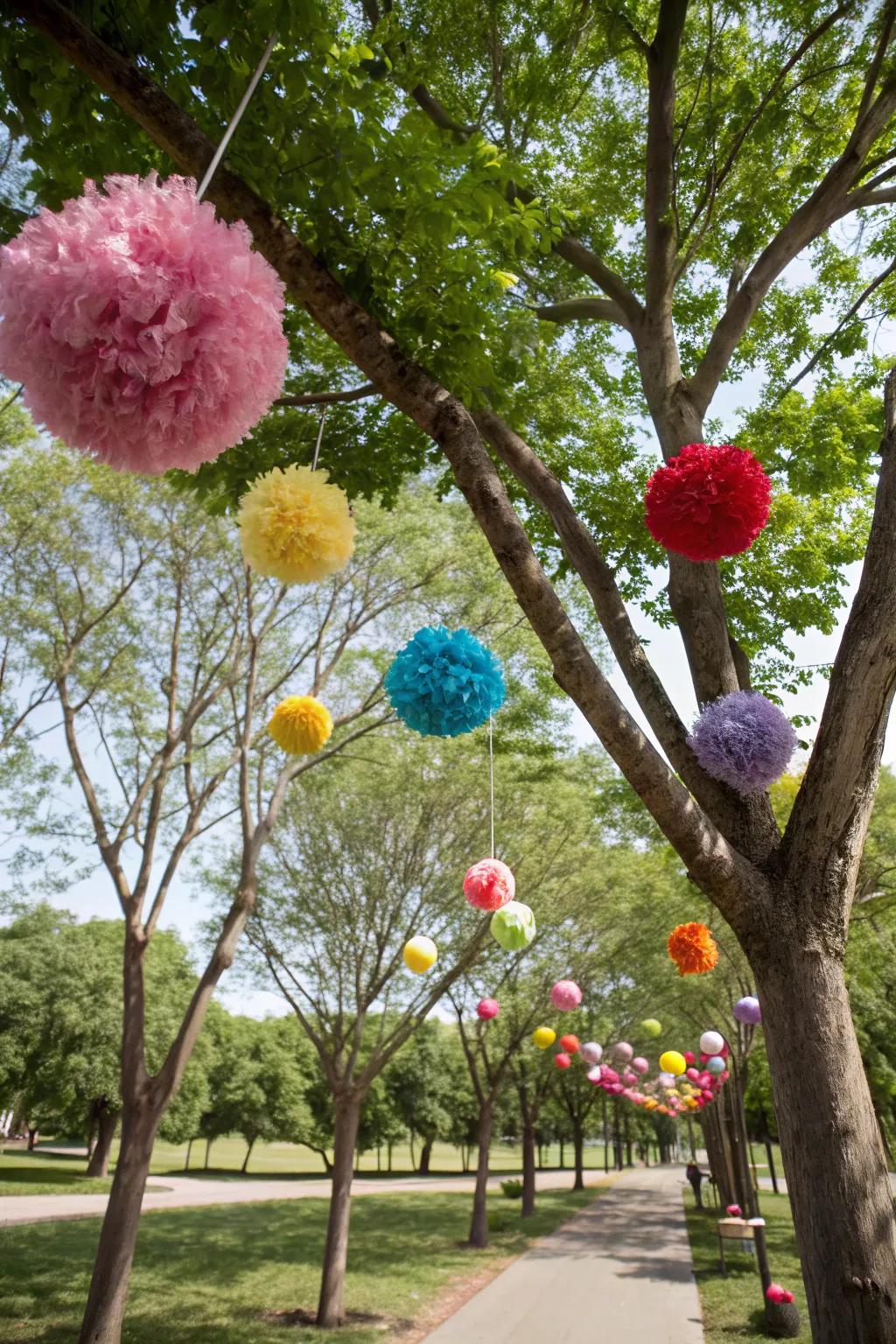 Pom-pom decorations add a playful burst of color to the park.