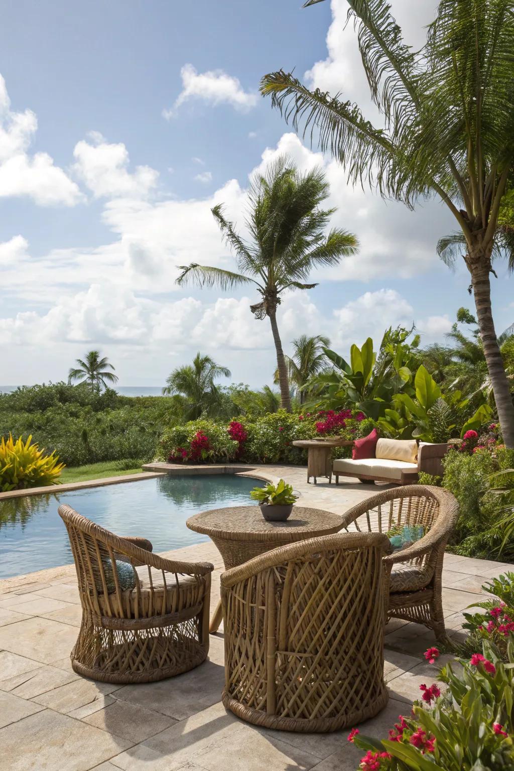Woven furniture brings a relaxed, tropical vibe to your poolside.