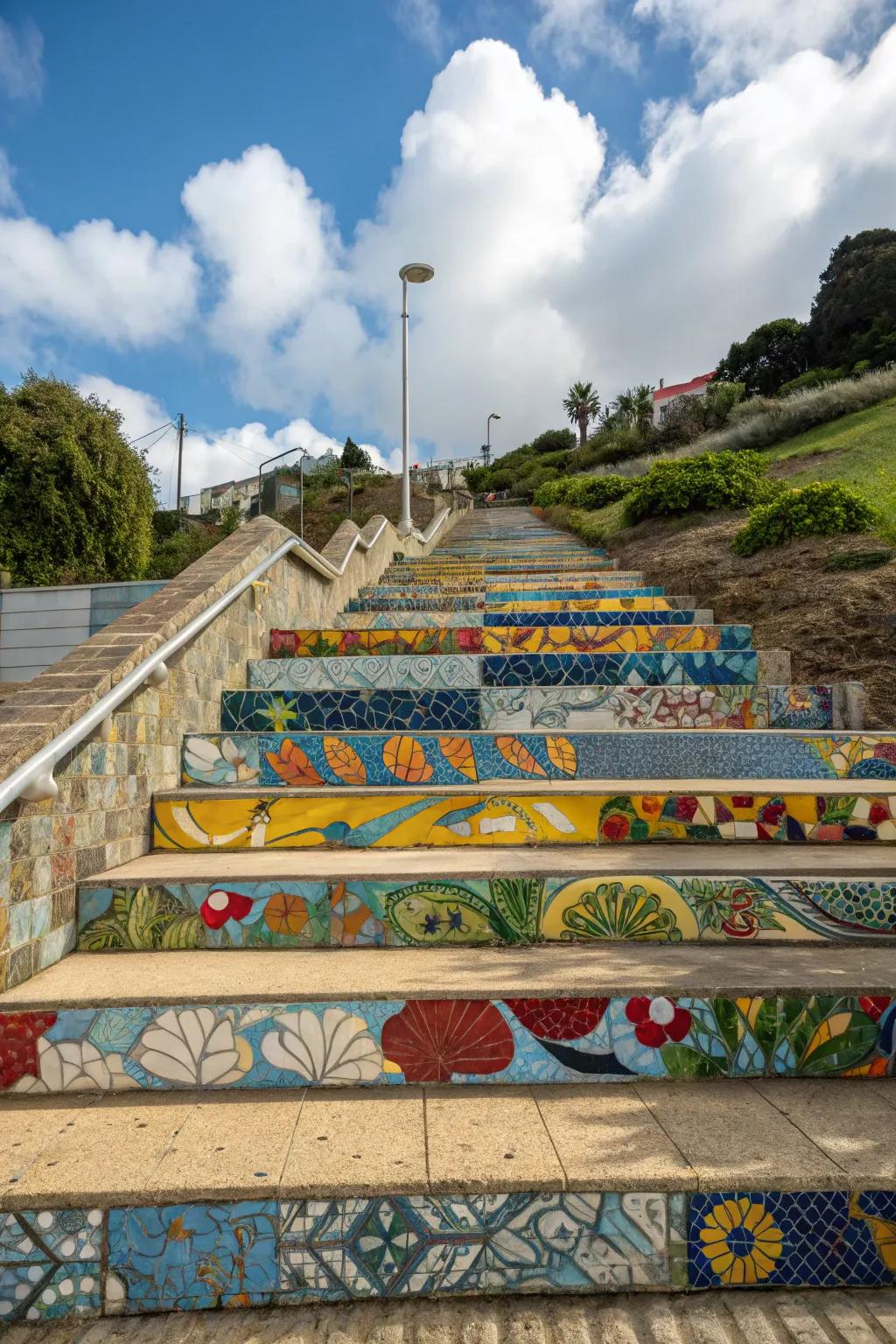 Mosaic steps infuse art and personality, crafting vibrant paths.