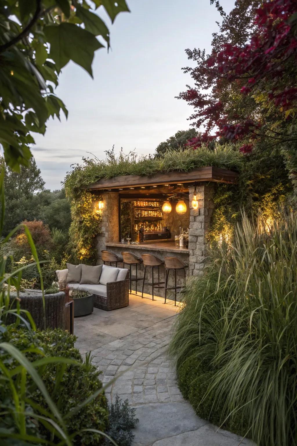 A hidden stone bar sanctuary for private relaxation.