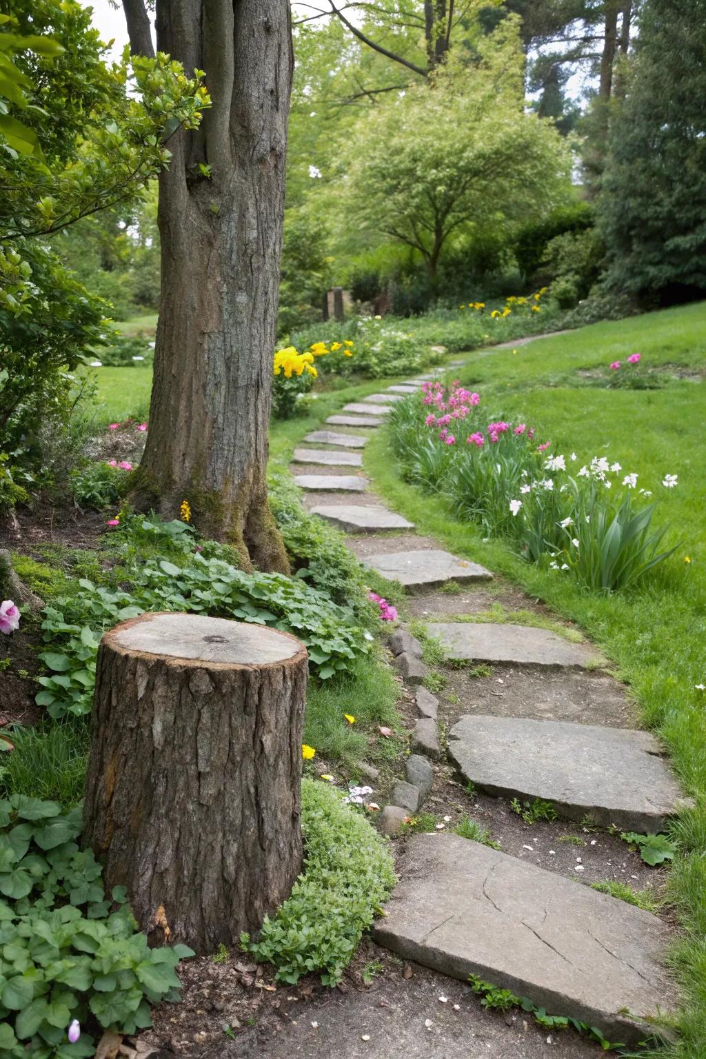 Integrating a stump into a stepping stone path adds charm and function to your garden.