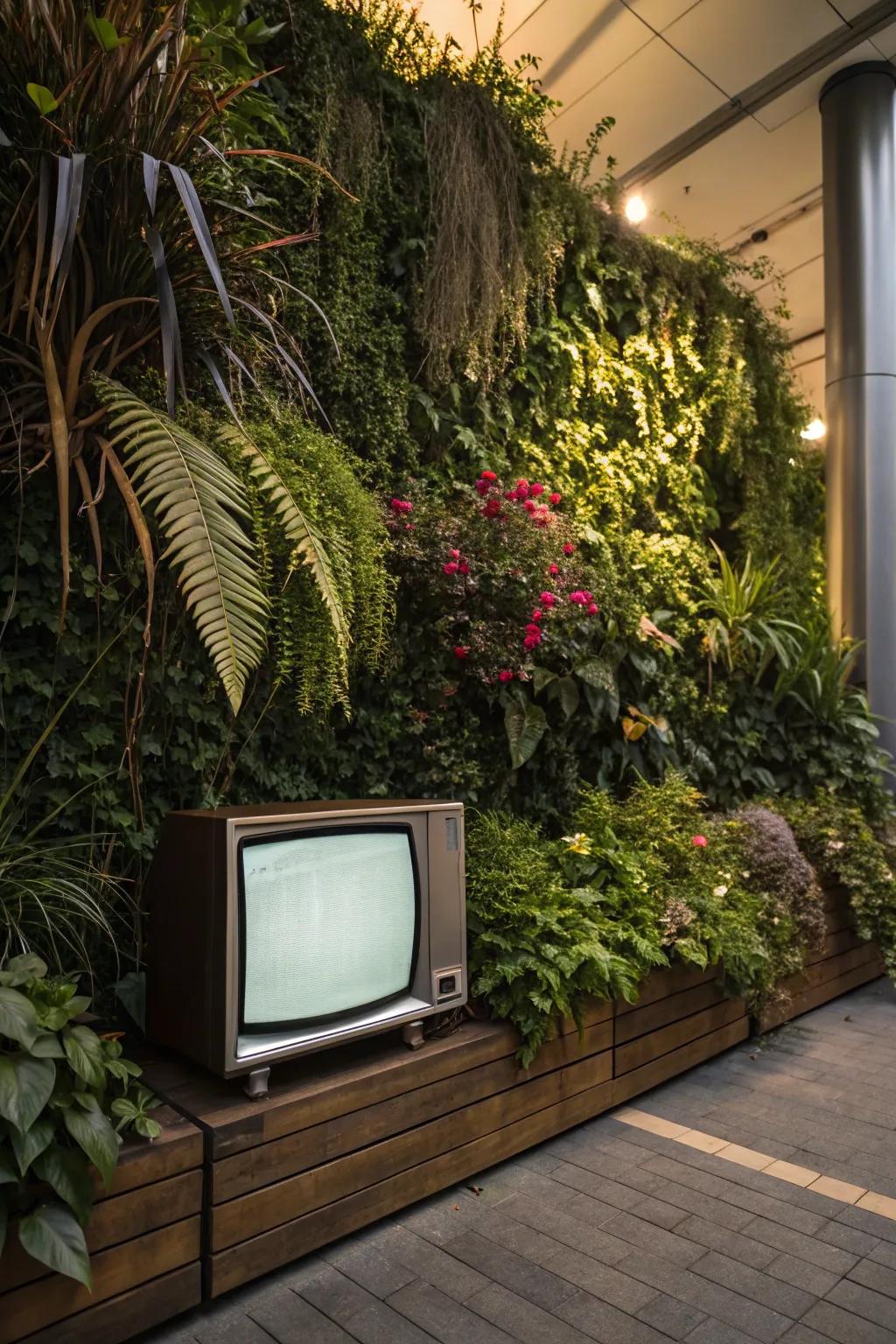 A green wall background adds a natural touch to your outdoor TV area.