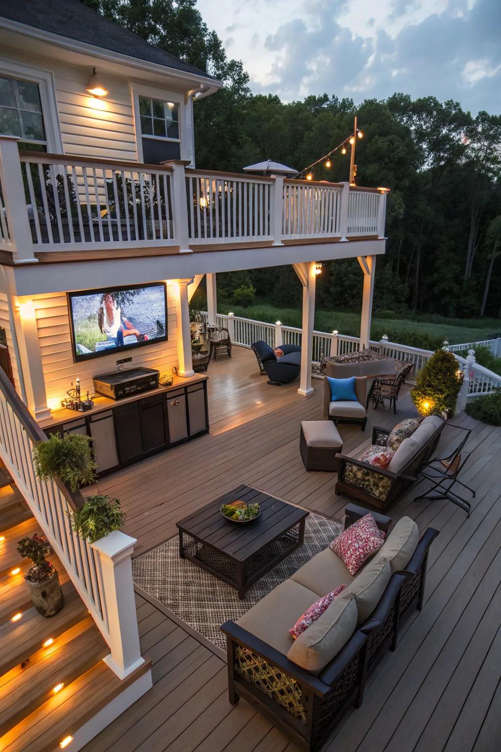 Multi-level platforms create distinct areas and enhance your outdoor TV area.