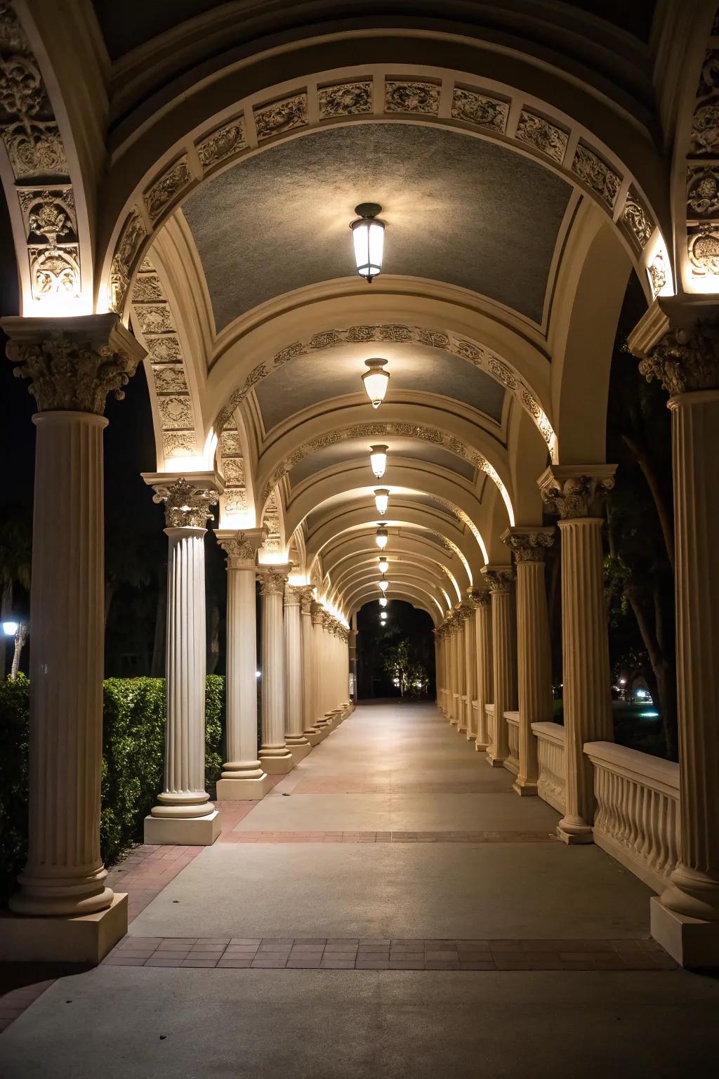 Downward illumination highlights architecture beautifully.