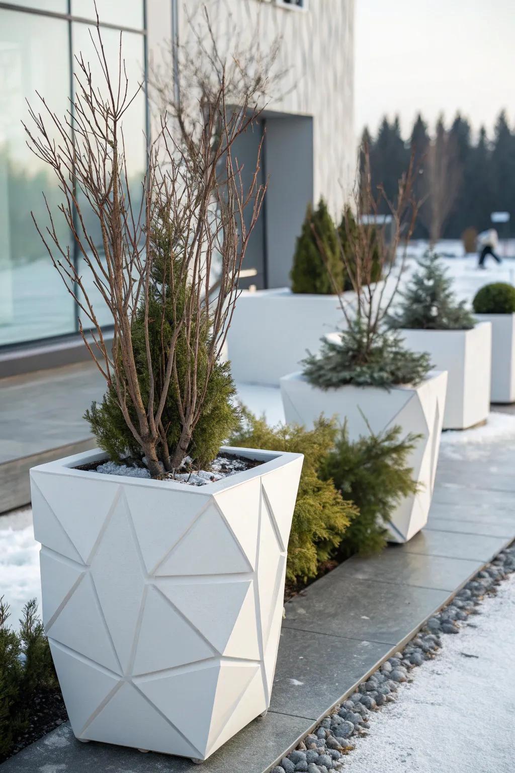 Polygonal containers offer a modern take on winter decor.