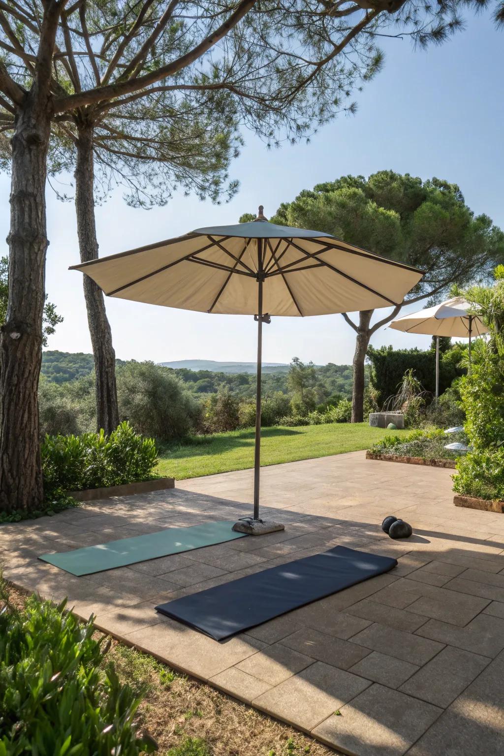 Moveable shades adapt your yoga space to changing sunlight.
