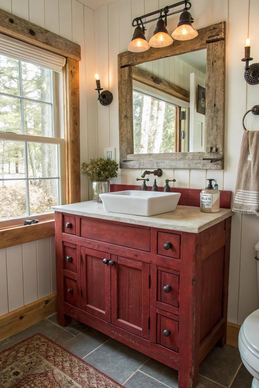 Barn red vanities provide rustic farmhouse appeal.