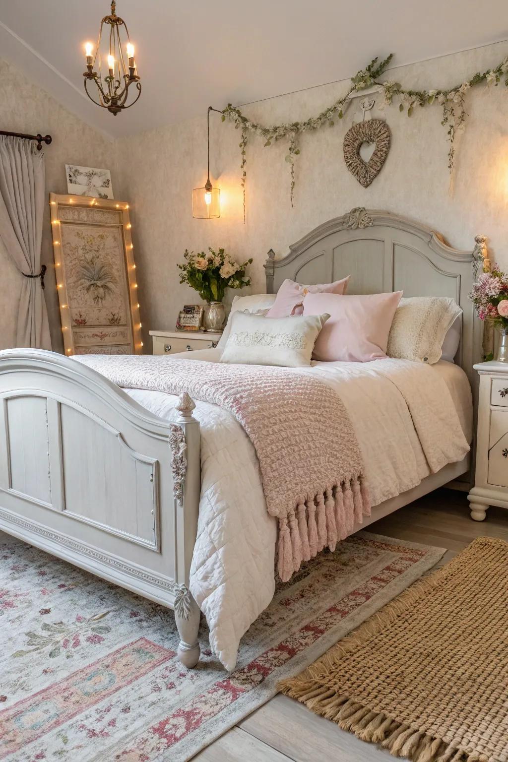 A linen bed frame creates a romantic and cozy atmosphere.