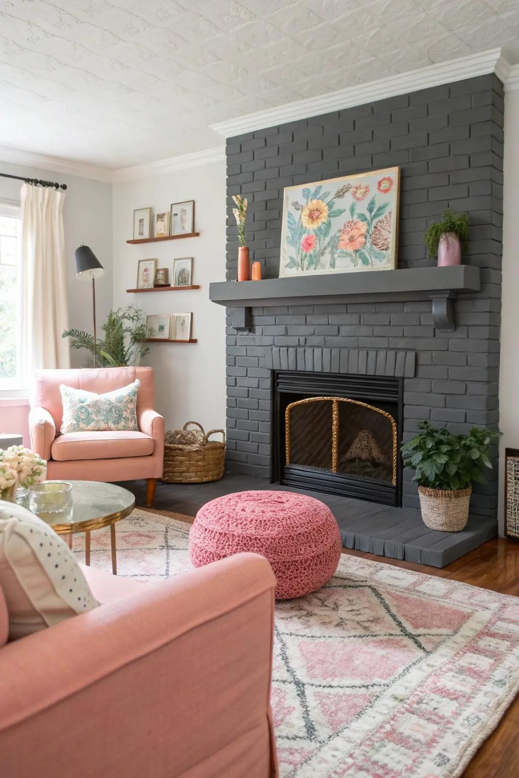 A charcoal fireplace offers chic modernity.