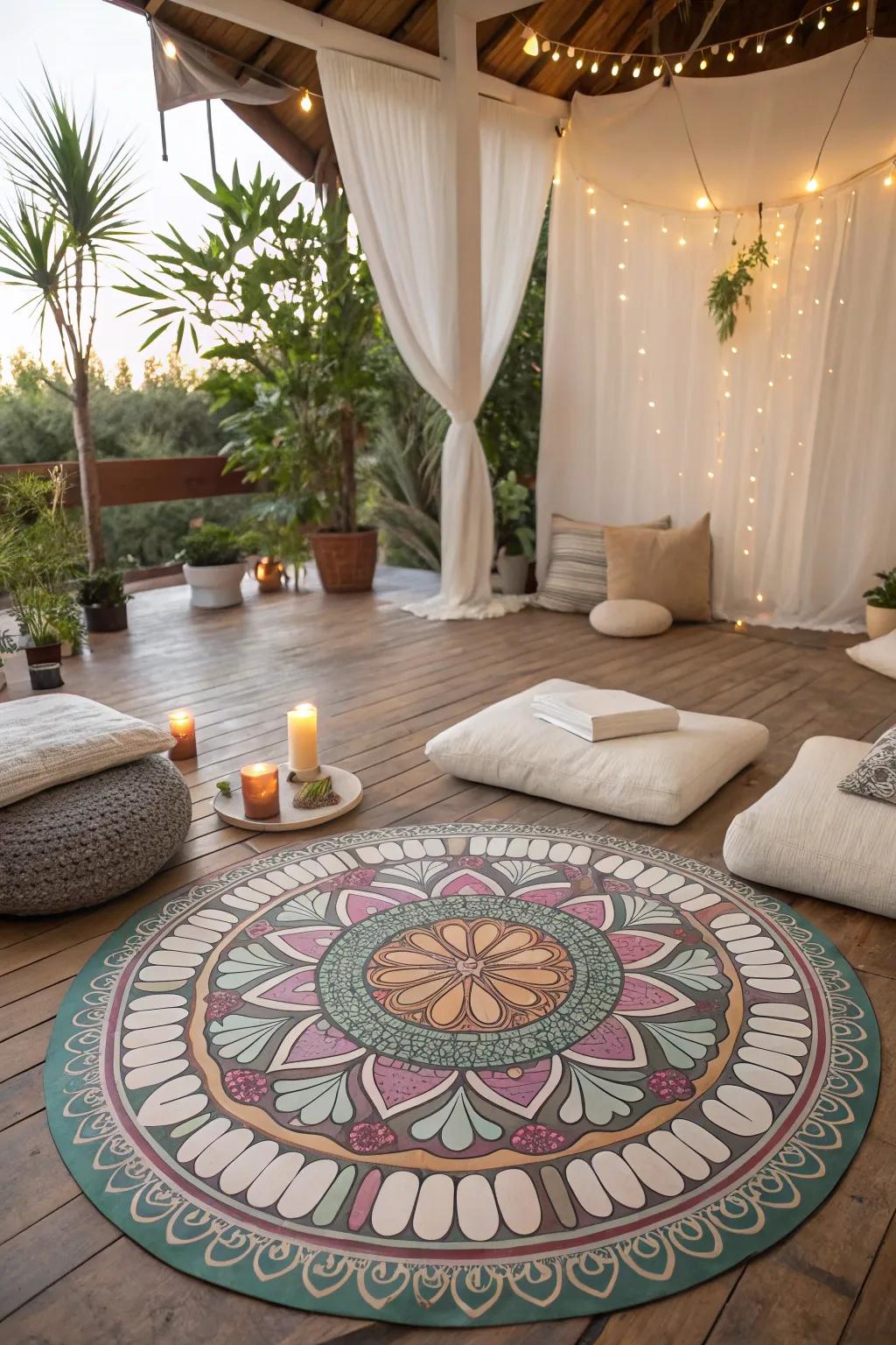 A meditation nook with mandala painted floorings, creating a serene and spiritual retreat.
