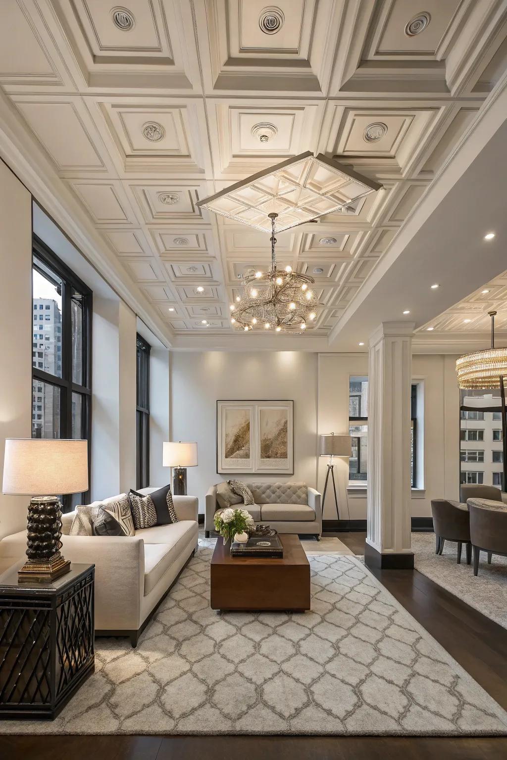 Structured ceilings introduce architectural elegance.