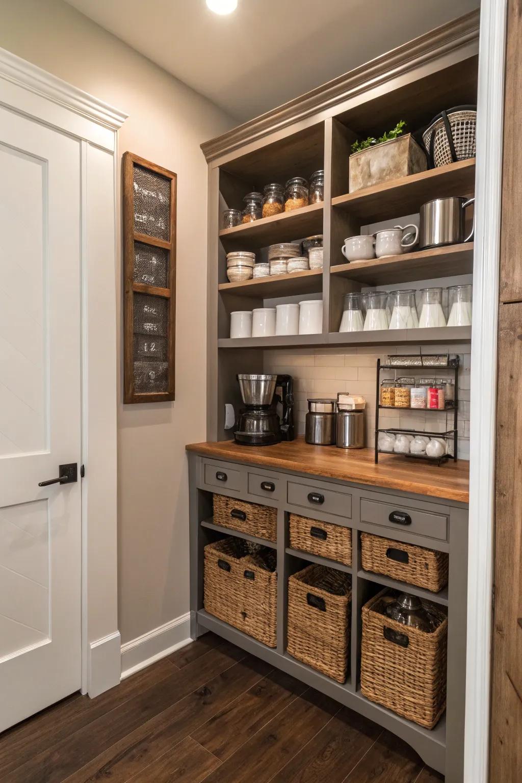 A closet converted into a chic coffee bar is both functional and unexpected.