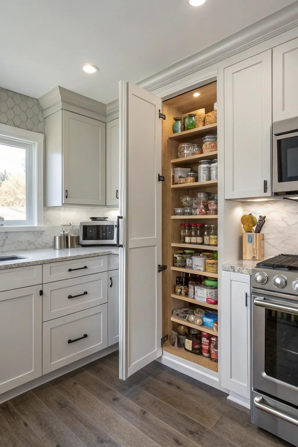 Corner entrances maximize space in compact kitchens.
