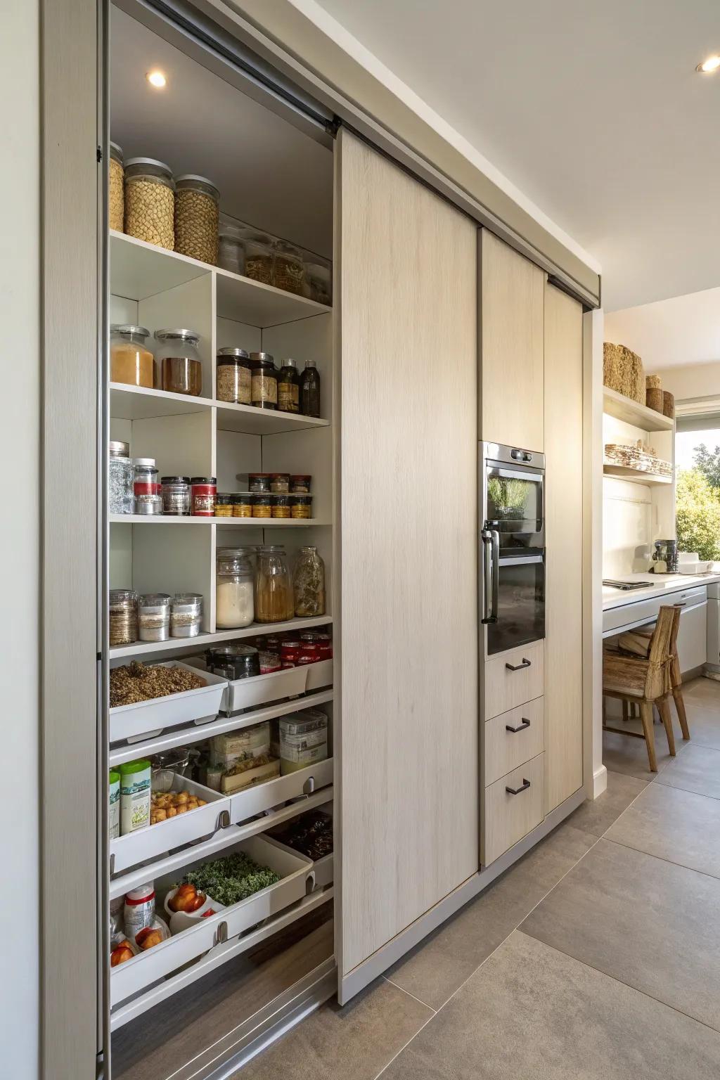 A sliding door on a pantry saves space and looks stylish.