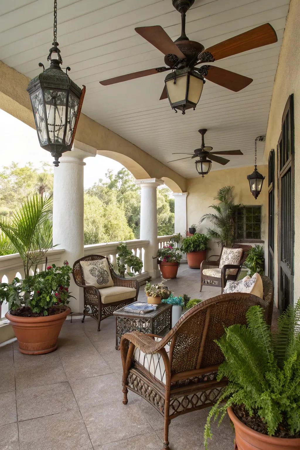 A retro-themed deck featuring a vintage ceiling fan.