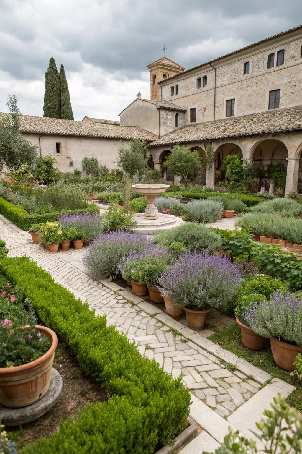 Mediterranean herbs add both fragrance and texture to the garden.