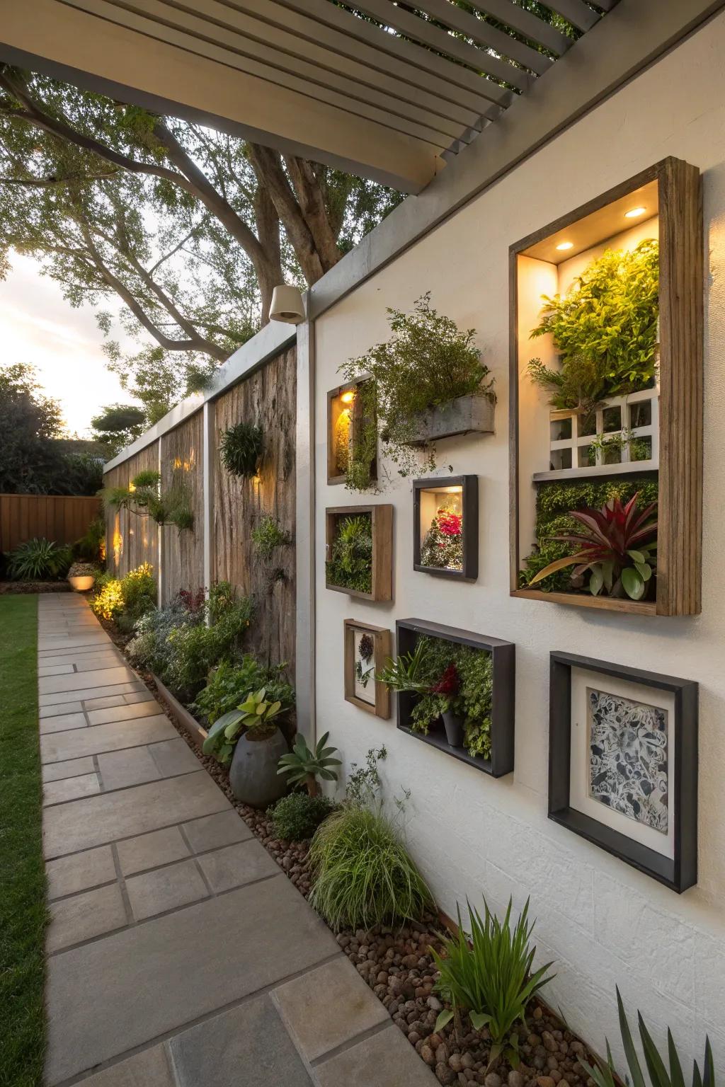 Display boxes add depth and personal style to the patio wall.
