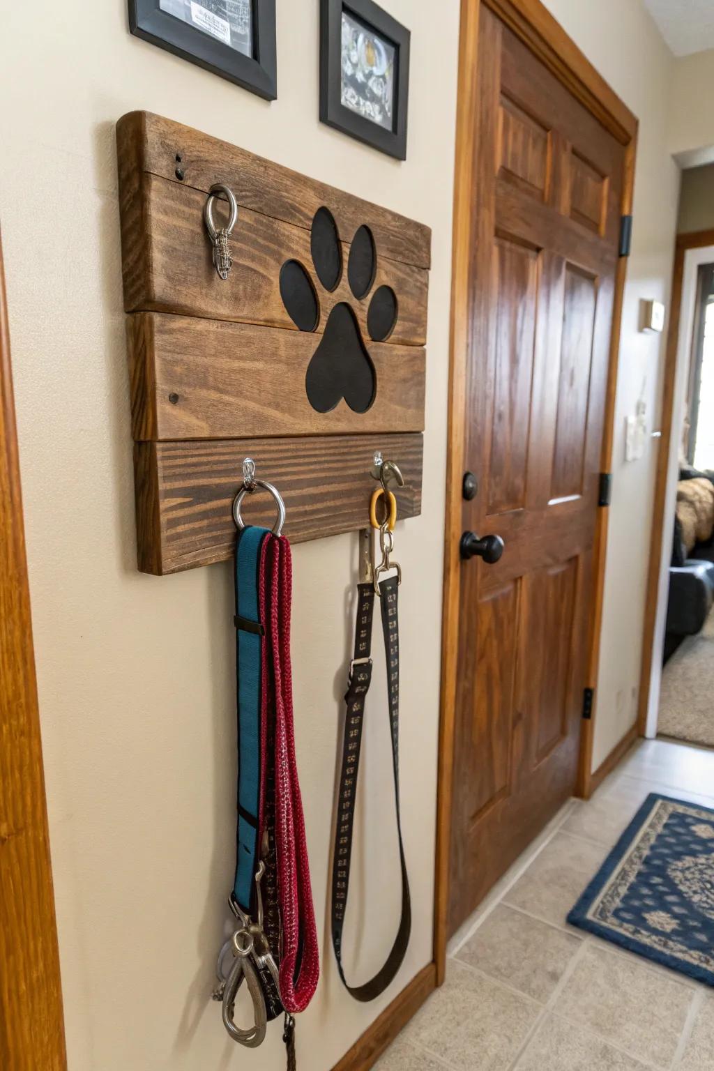 A personalized leash holder showing a paw print design.