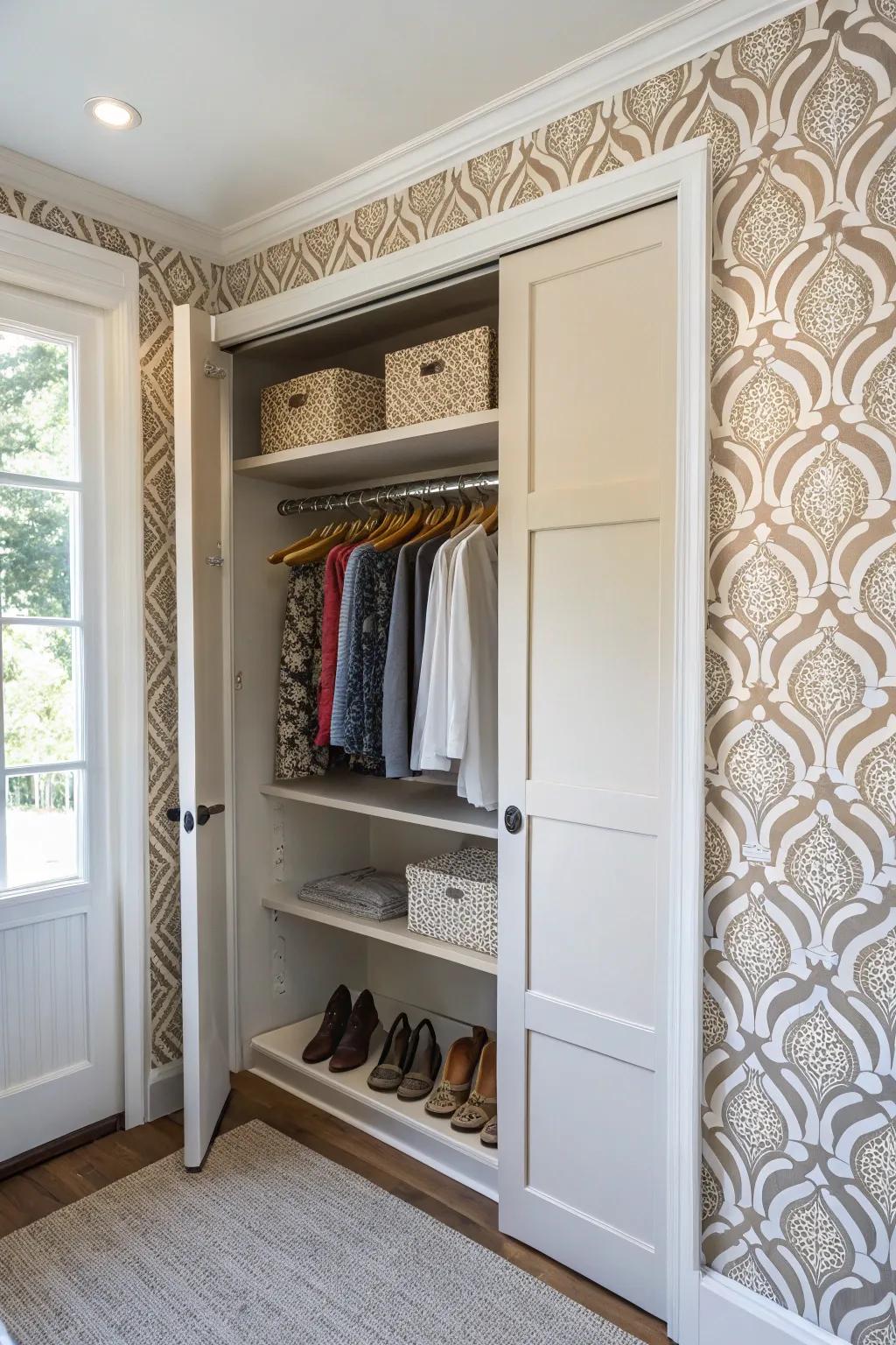 Add a touch of glamour to your closet interiors with stylish wallpaper.
