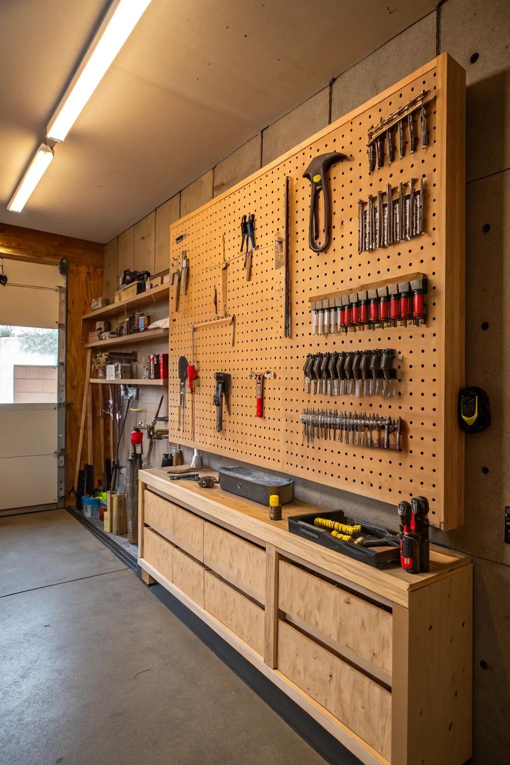 Refine your garage with a stylish display board divider, integrating organization with fine craftsmanship.