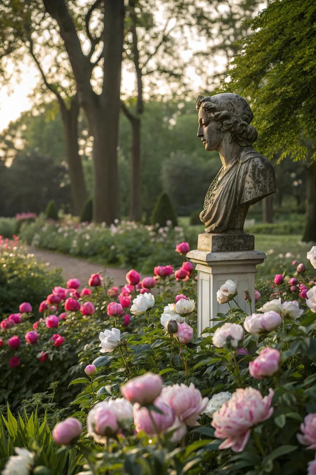 Garden art adding character to a peony-filled space.