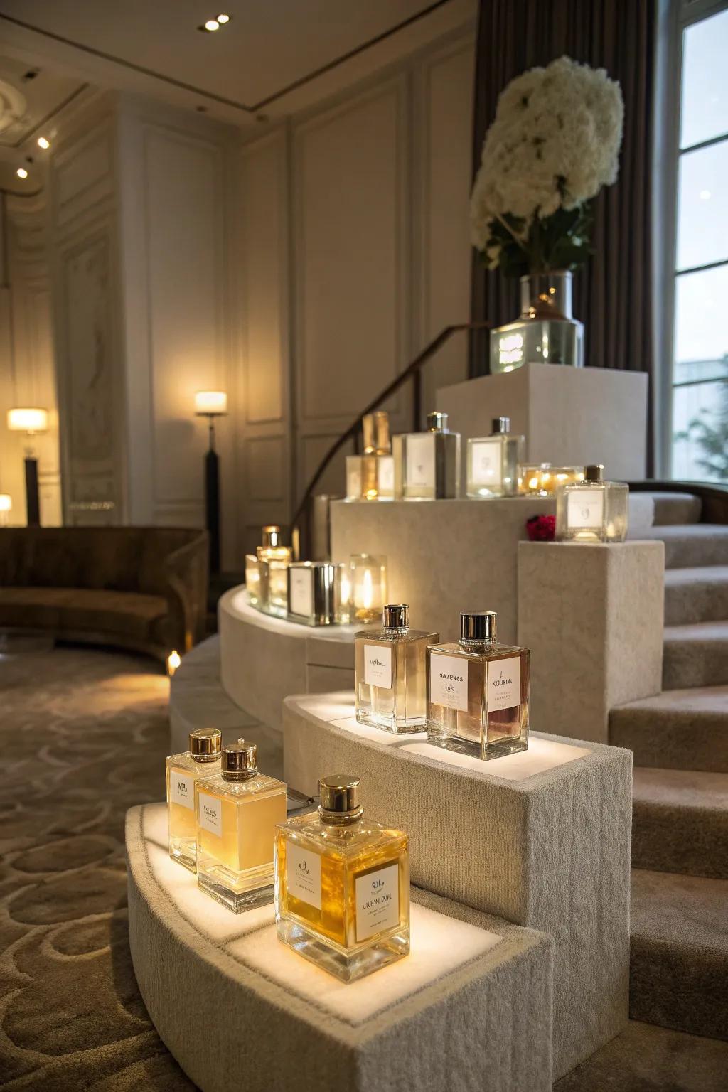 Tiered perfume risers creating a stunning and organized display.