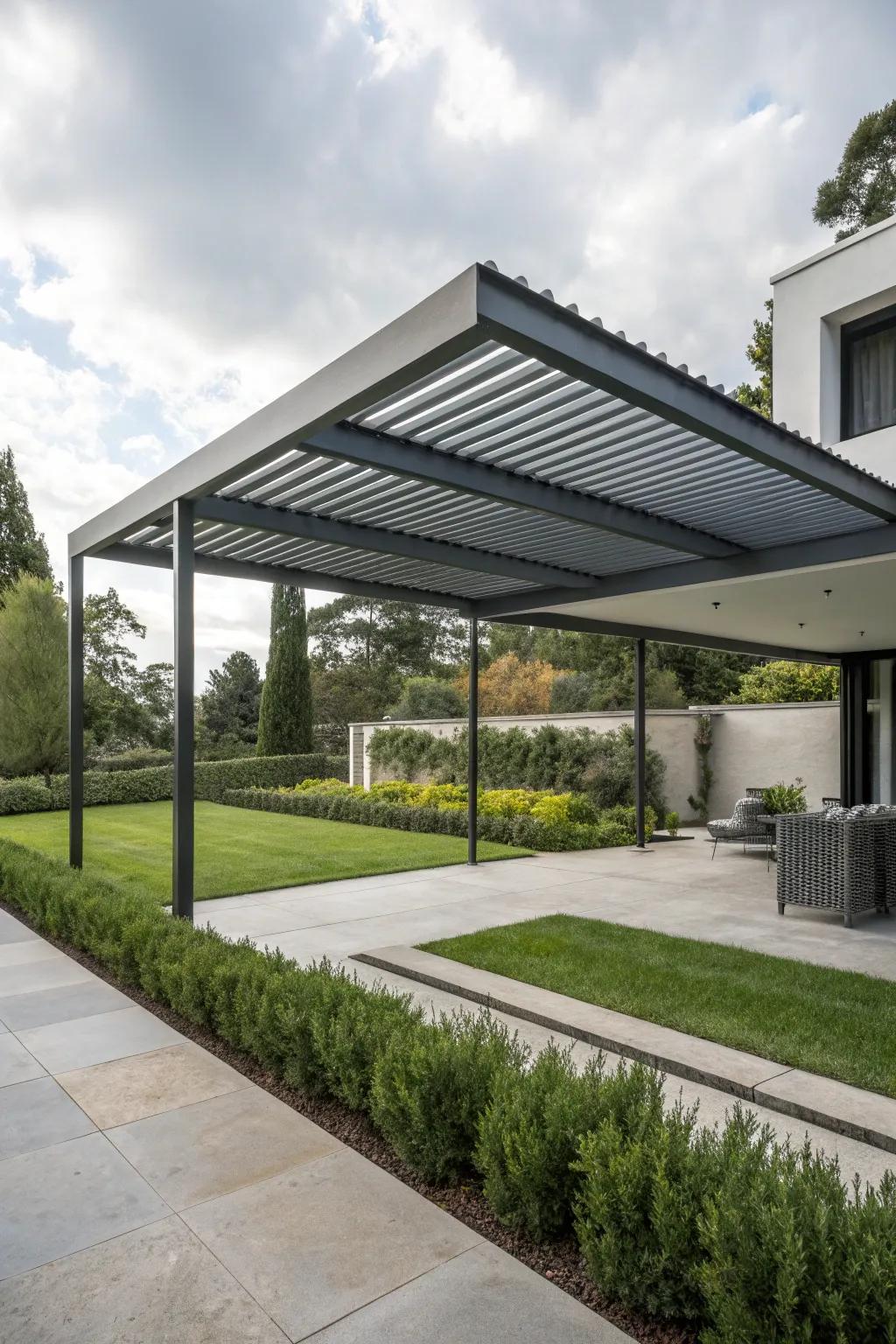 A steel pergola roof embodies modern elegance.