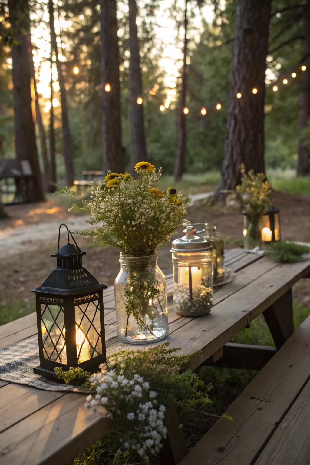 Time-honored finds like lanterns and jars add a nostalgic charm to this picnic table.