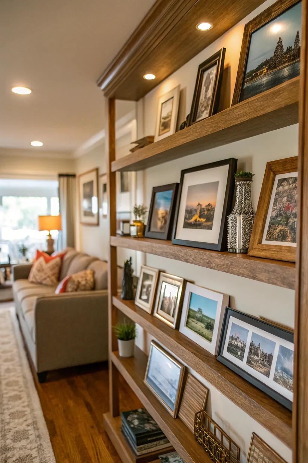 Picture shelves with travel photos and souvenirs.
