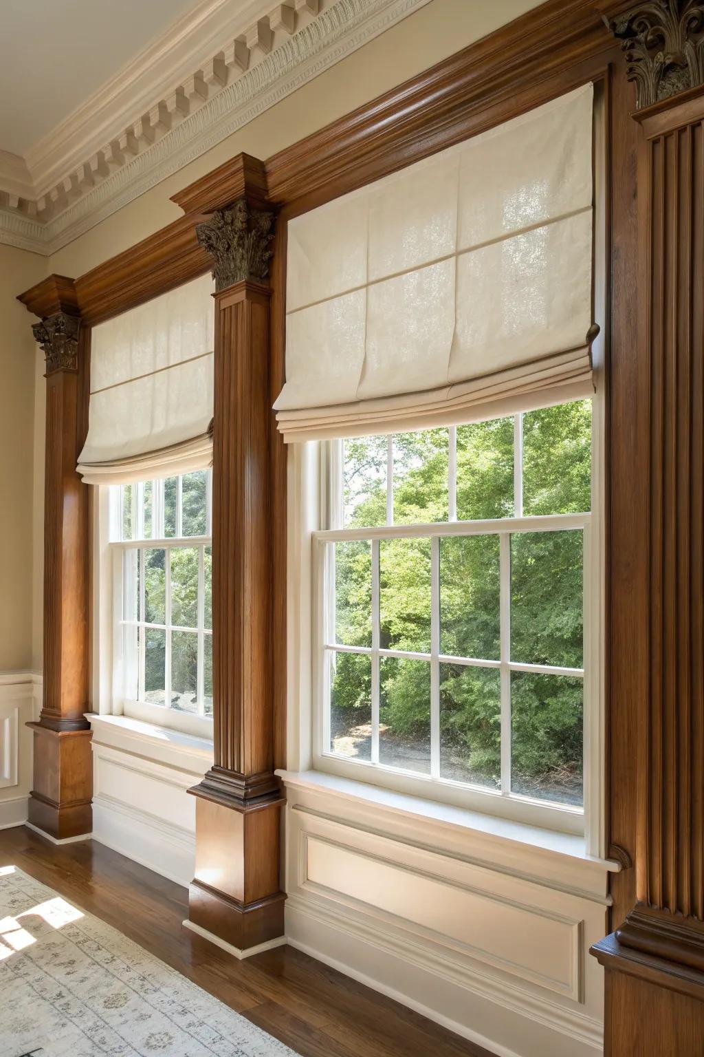 Traditional home with elegant Roman shades dressing a picture window.