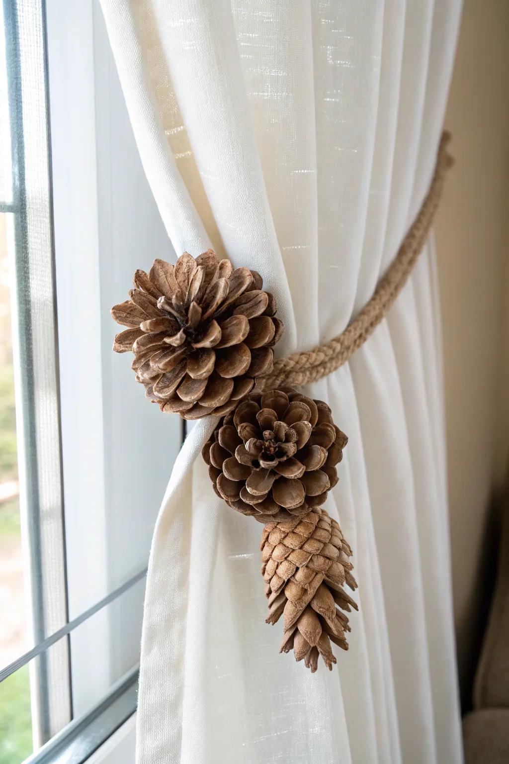 Nature-inspired elegance: Transform your drapes with handcrafted pinecone blossom tiebacks.