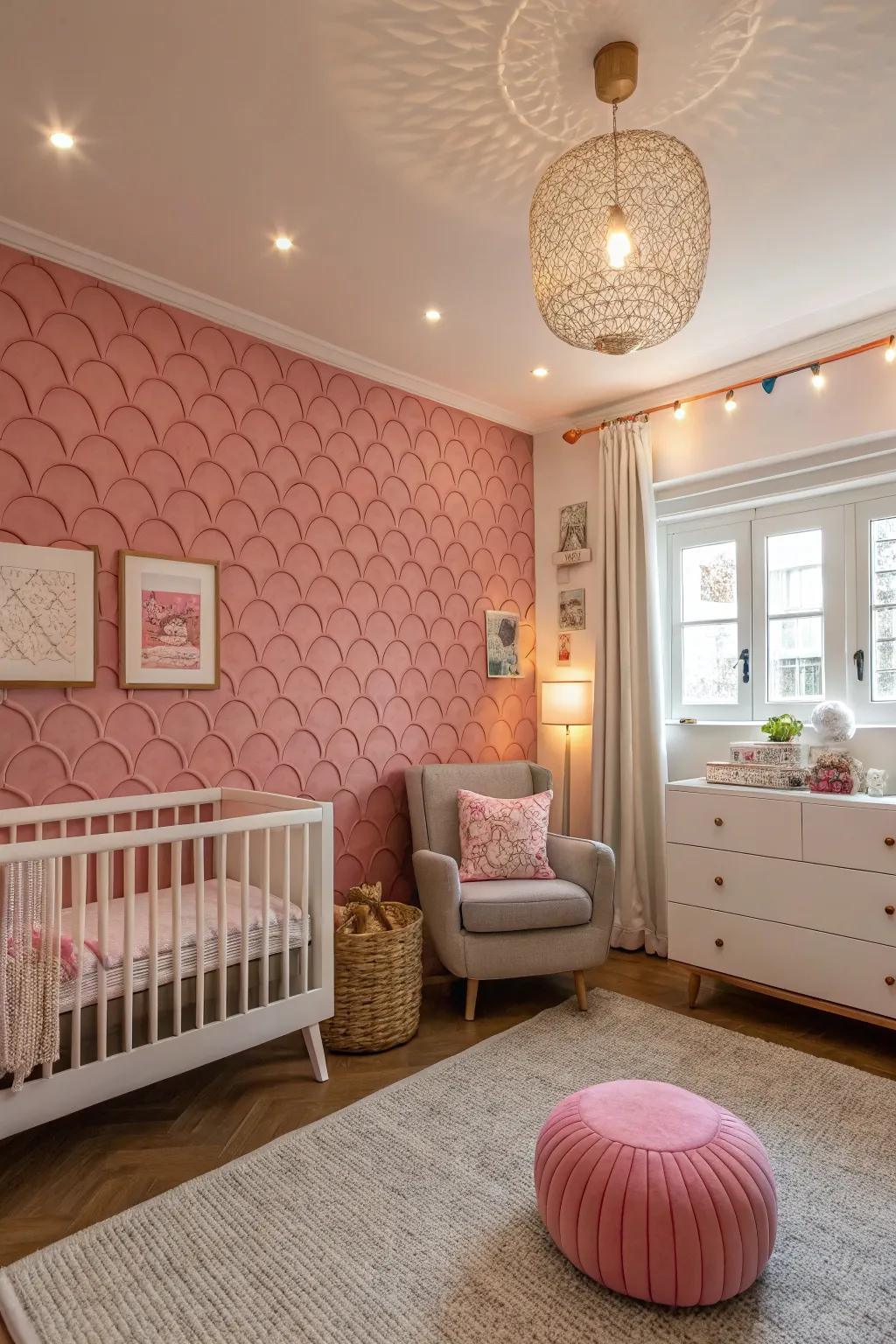 A nursery adorned with textured pink wallpaper, inviting exploration and engagement.