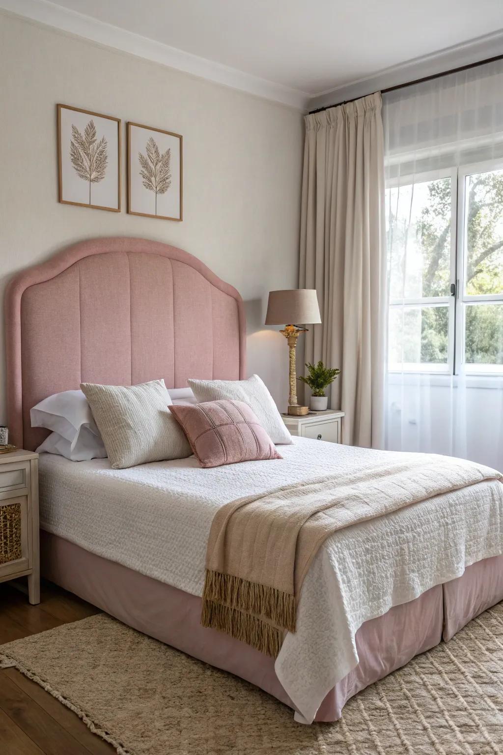 A serene and calming bedroom with a pink linen headboard.