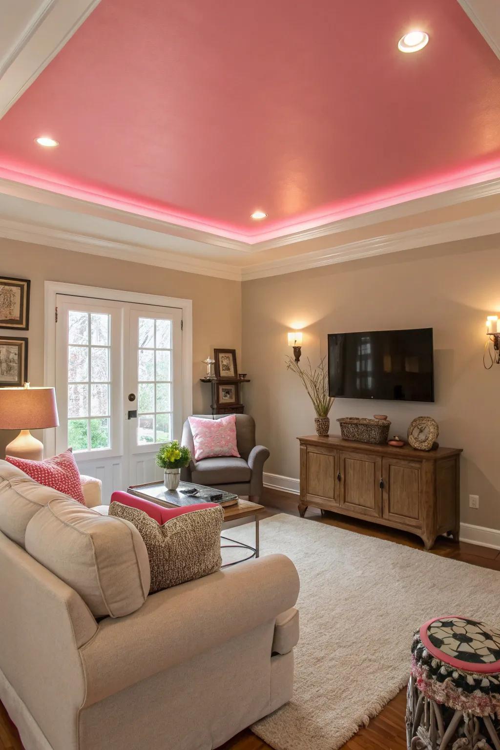 A pink ceiling adds an unexpected twist to the design.