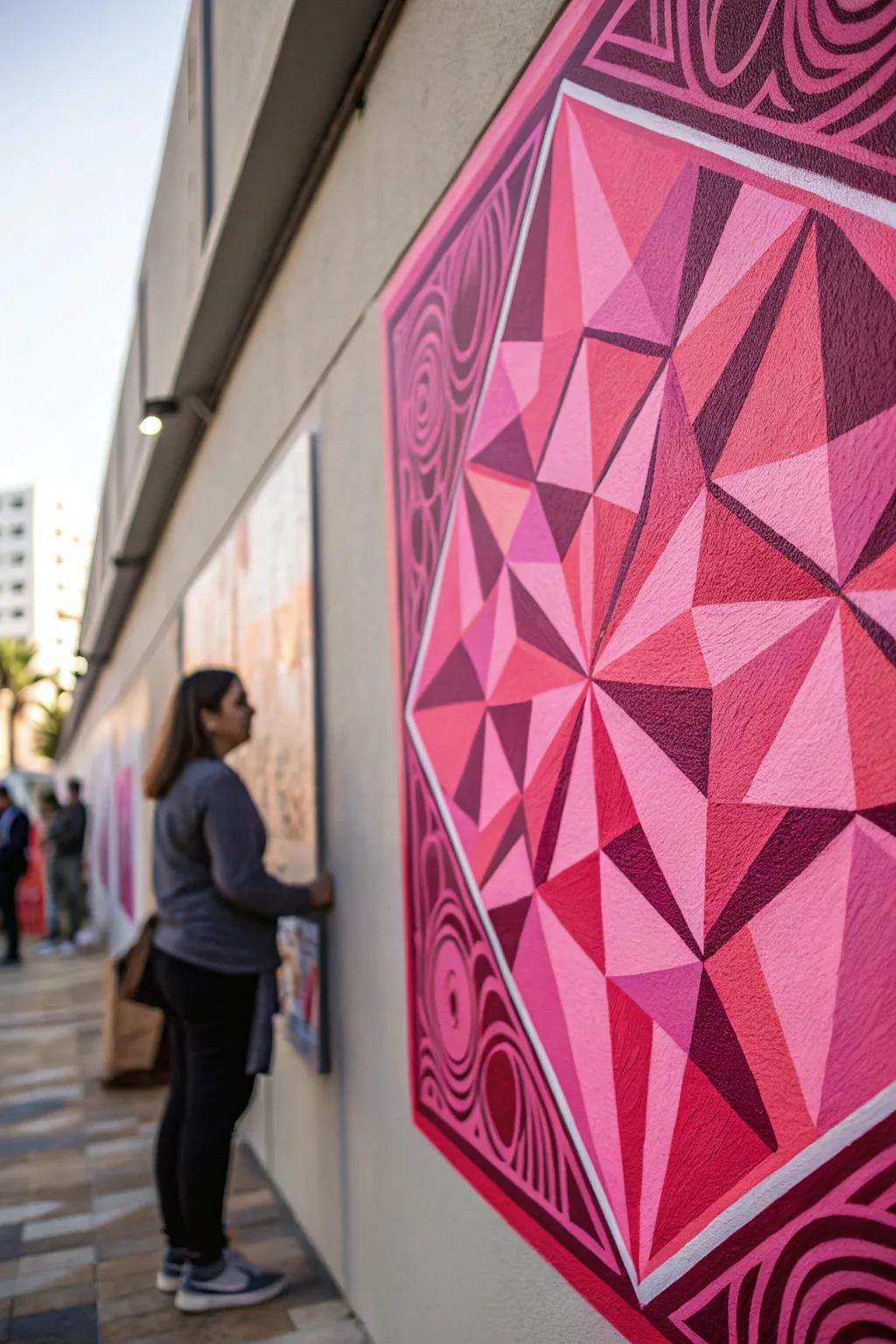 A modern geometric painting featuring pink shades.