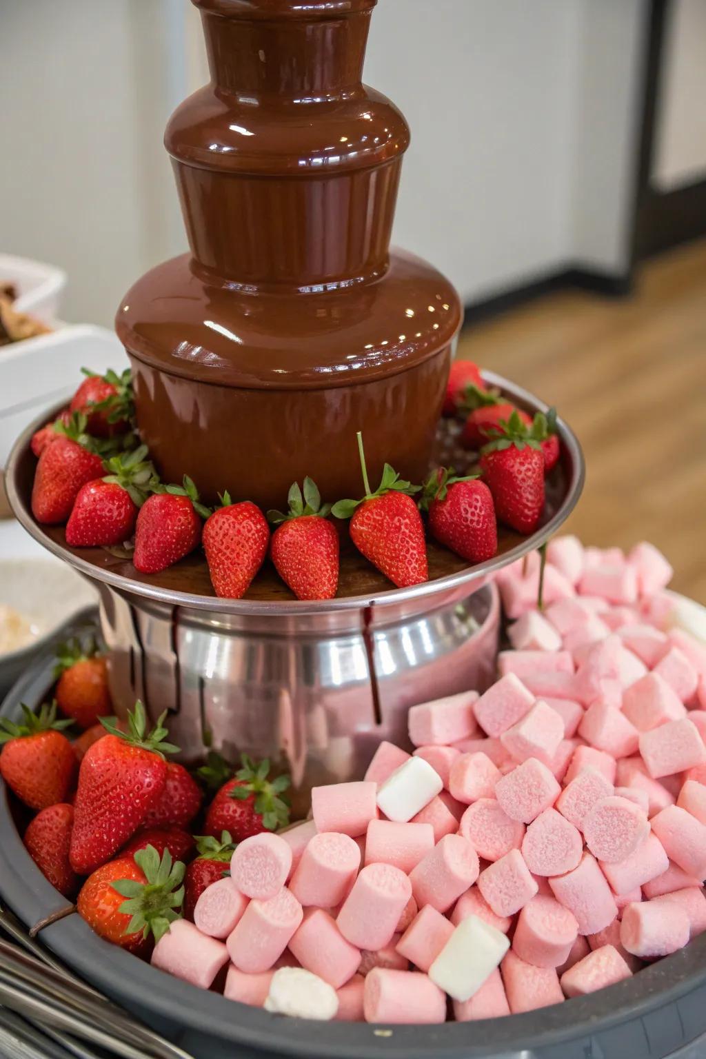 A chocolate cascade accompanied by pink complements provides a sweet indulgence.