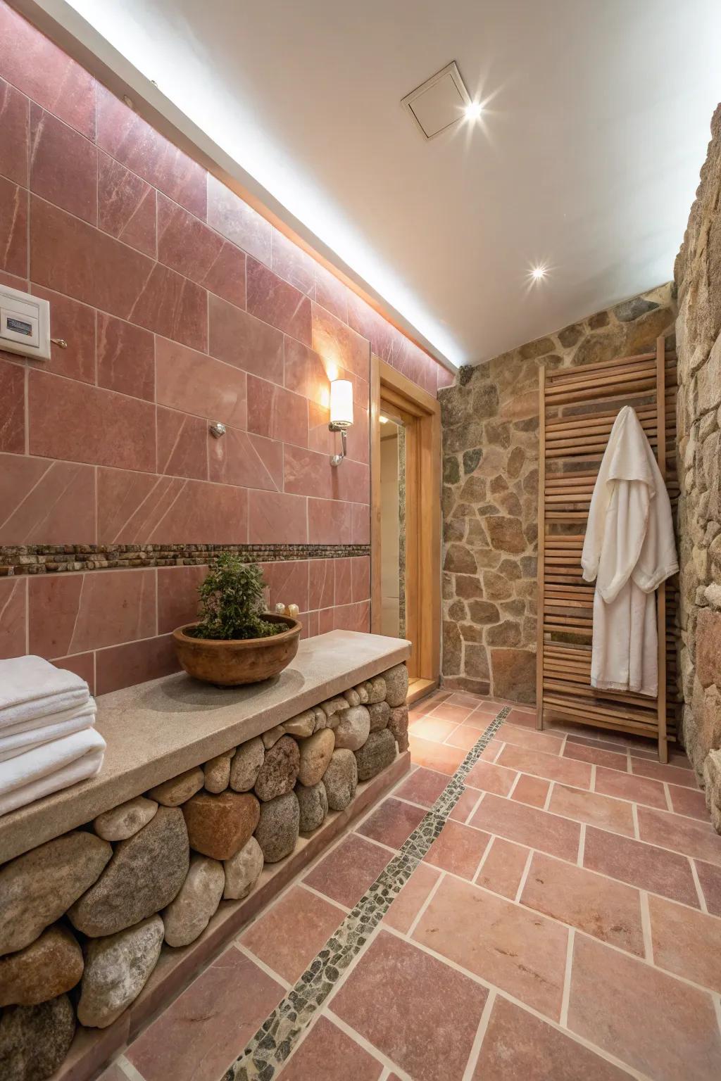 An organic blend of earthy rose tiles with natural stone.