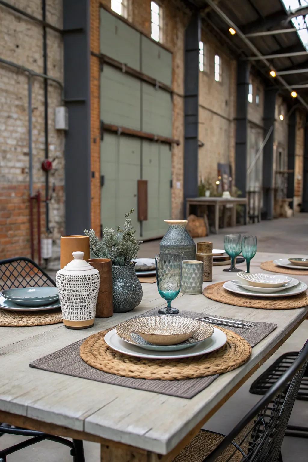 Mixed materials create a visually dynamic and fashionable table presentation.