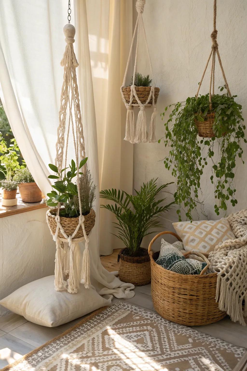 A bohemian plant corner with laid-back charm.