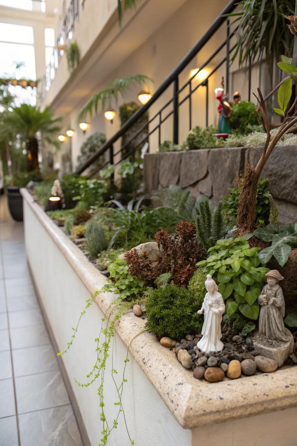 Small sculptures contribute an artistic touch to this plant ledge.