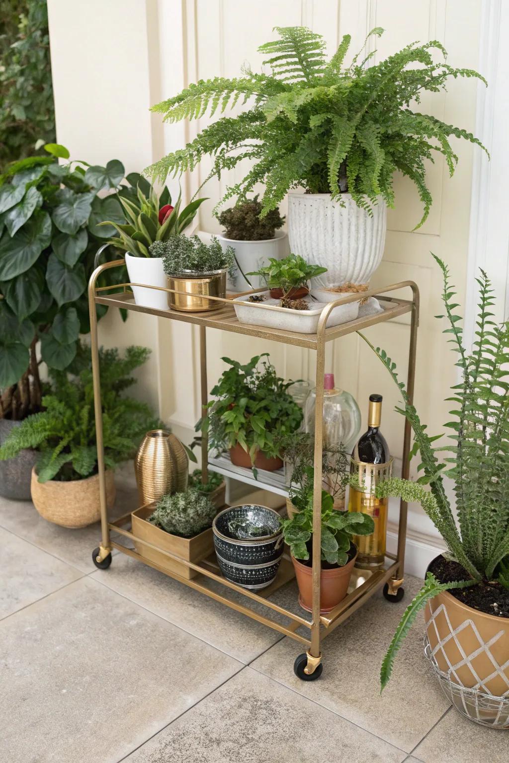 Create a chic mobile plant display with a bar cart.
