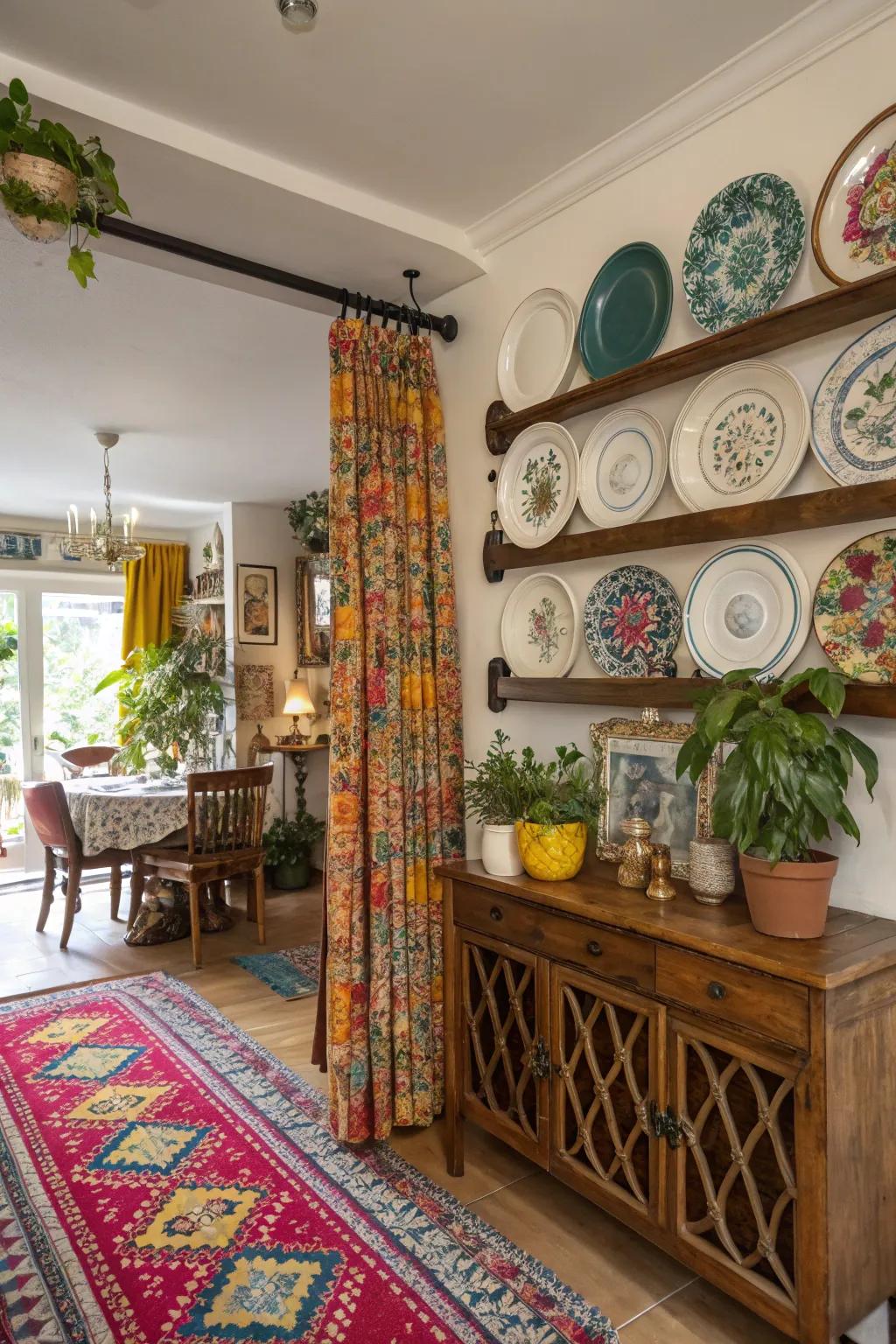 An eclectic dining room with a vibrant plate rail display