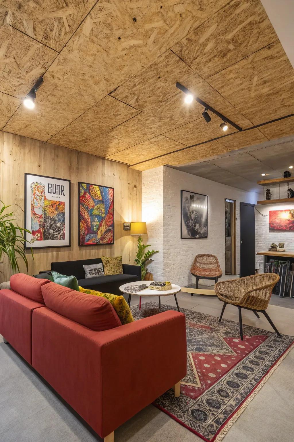 A playful textured plywood ceiling that infuses personality into the space.